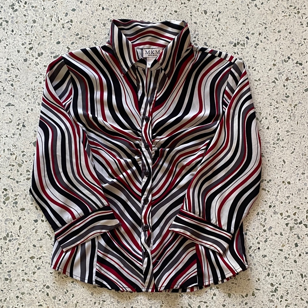 MKM Designs Women's Wavy Striped Button-Down Shirt - Black, White, Red
